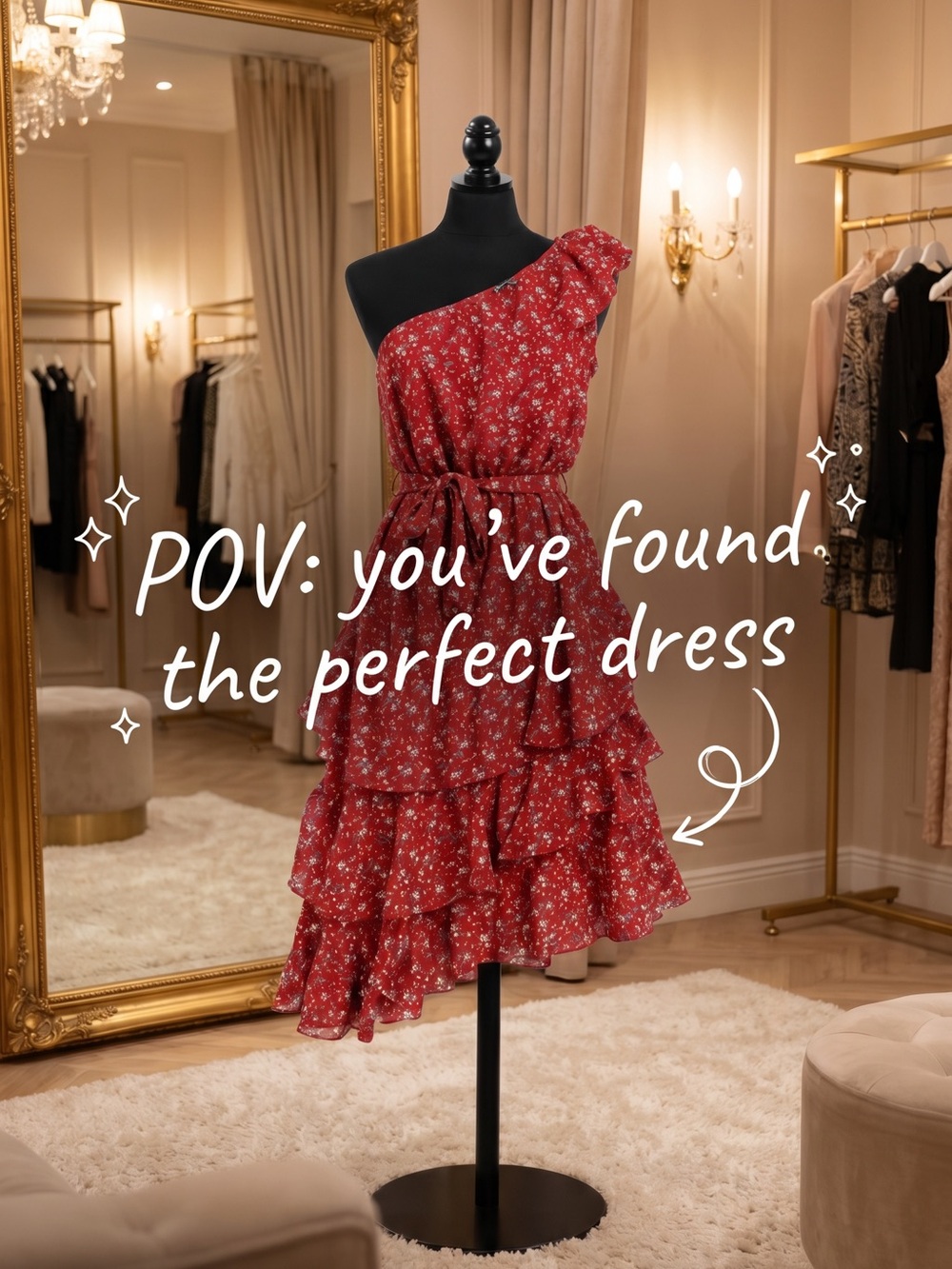 One-Shoulder Red Floral Ruffle Dress
